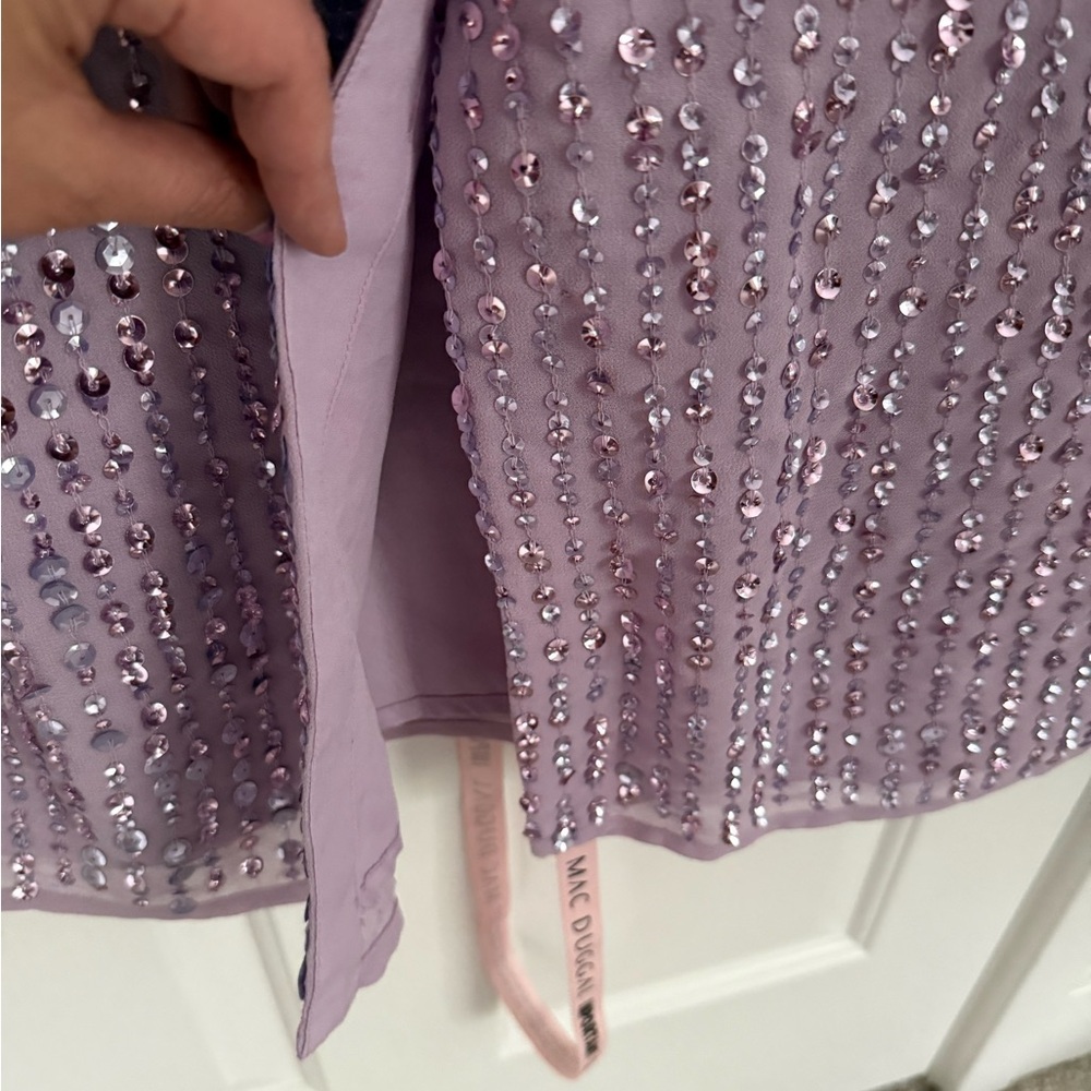 Mac Duggal Purple Sequined Illusion Puff Sleeve V Neck Midi Dress Size 12 NWT - Picture 9 of 10
